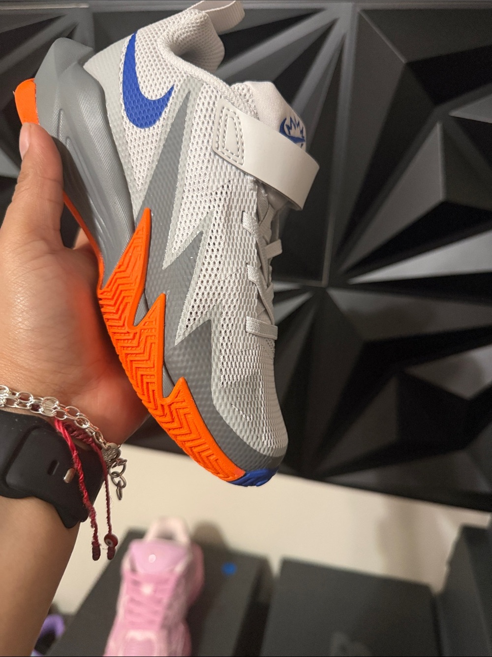 Kids Mesh Athletic Sneaker in White, Gray, Blue & Orange